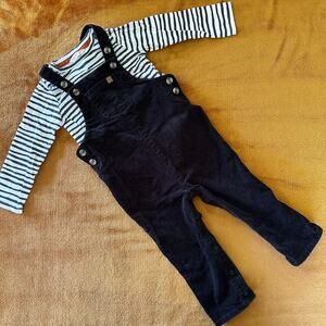 John Lewis 12-18 Months Boys Black Corduroy Overalls w Black White Striped Shirt